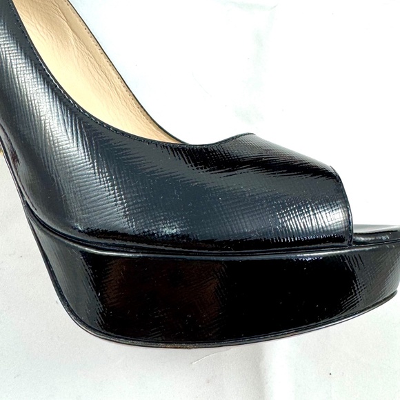 Prada Black Vernice Saffiano Leather Peep Toe Platform Pumps Size 39½ - Picture 7 of 12